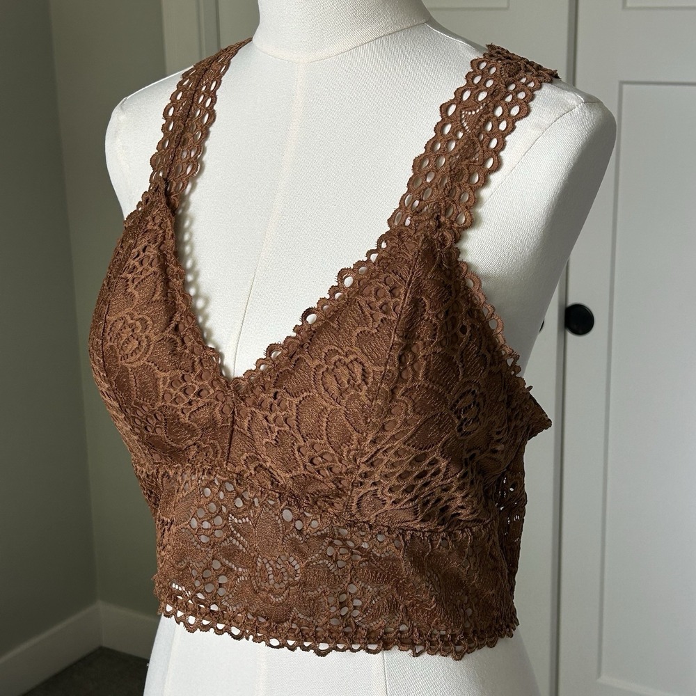 Zenana Racerback Lace Padded Bralette Brown Plus Size 1X - Picture 2 of 4